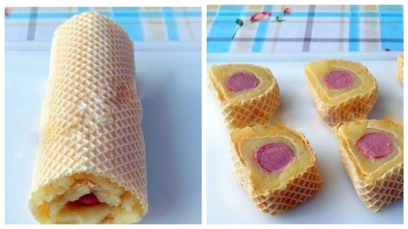 Сосиски с картофельным пюре в вафлях
