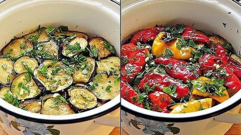 Закуска из маринованных баклажанов и перцев-гриль